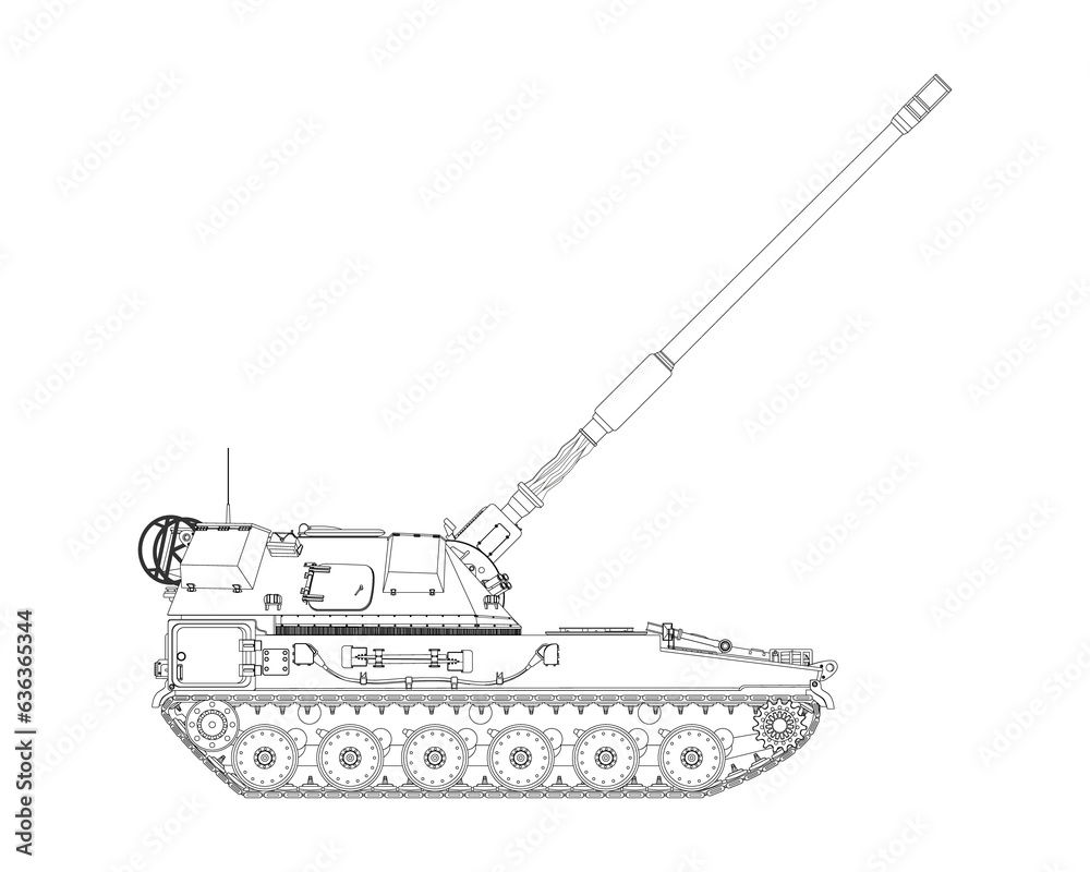 Fototapeta premium AHS Krab in line art. Self-propelled artillery. Raised barrel. Poland army. Military armored vehicle. Detailed PNG illustration.