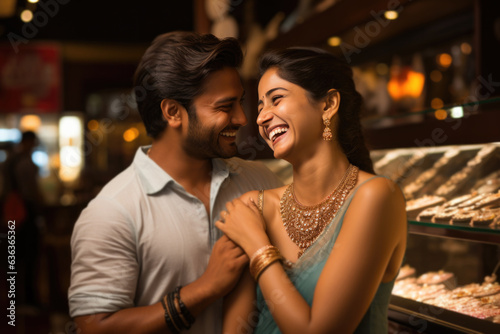 Cheerful Indian beautiful young couple enjoying shopping at modern jewellery store © StockImageFactory