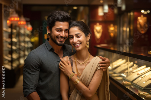 Cheerful Indian beautiful young couple enjoying shopping at modern jewellery store