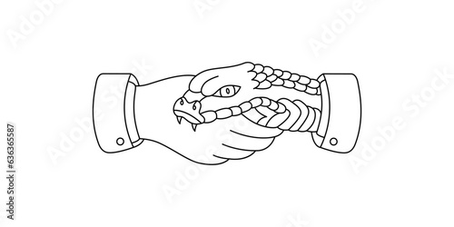 Snake bite hand. Traditional snake handshake tattoo line silhouette. Vector minimalist linear illustration.