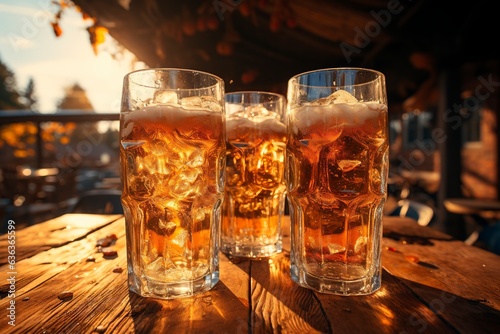 Glasses with amber beer stand on a wooden table in the sun. Festival of foamy drink in Germany. Human addiction