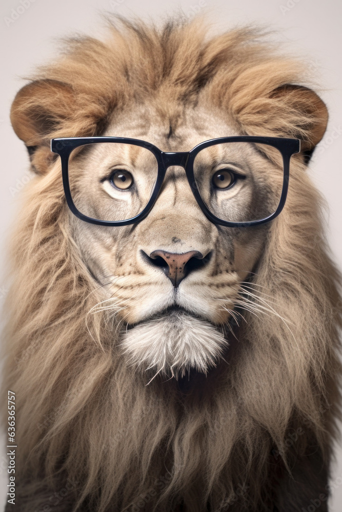Portrait of a lion with glasses in front of a white background (AI Generated) 