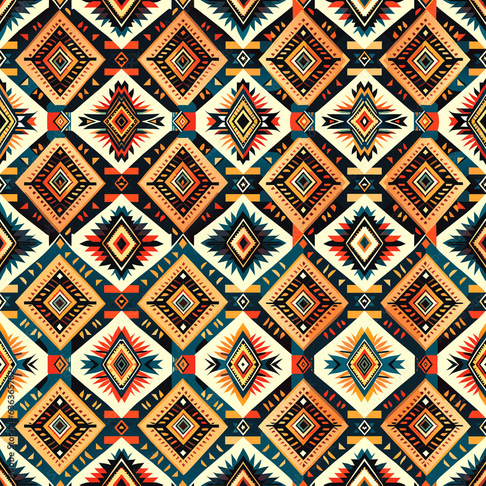 Tribal ornament. Seamless African pattern. Ethnic carpet with chevrons. Aztec style. Geometric mosaic on the tile, majolica. Ancient interior. Modern rug. Geo print on textile. Kente Cloth.