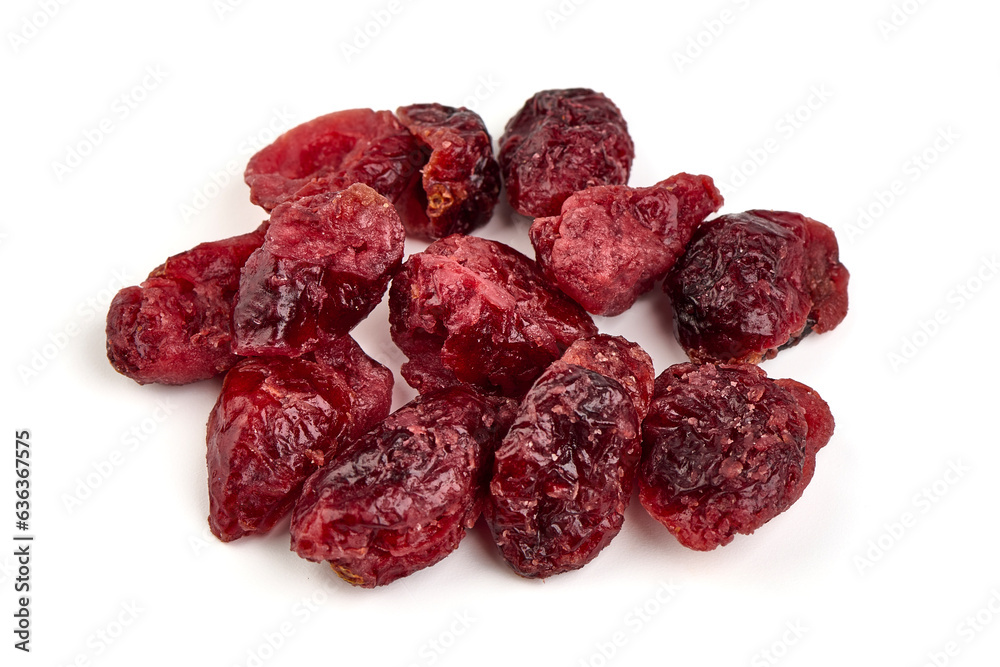 Dry organic cranberries, sweet berries, close-up, isolated on white background. Dry organic cranberries, sweet berries, close-up, isolated on white background.