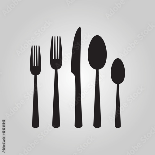 Black silhouette cutlery set including spoon, fork, and knife icons set on gray gradient background