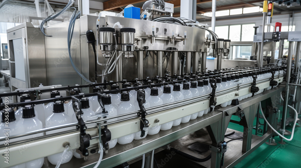 Generative AI, milk bottling conveyor, bottles with dairy products at the factory, production line, technology, farm organic milk, drink, liquid, kefir, cream