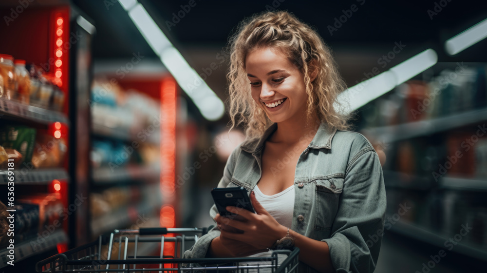 Fototapeta premium Smiling young woman with smart phone grocery shopping in supermarket