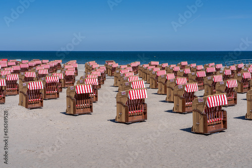 Fototapeta Naklejka Na Ścianę i Meble -  Travemünde, Lübeck, Germany. The beach with beach chairs.