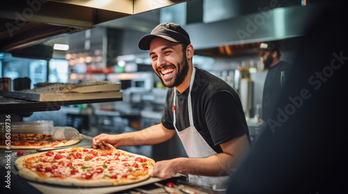 Male chef makes pizza in a restaurant. © MP Studio
