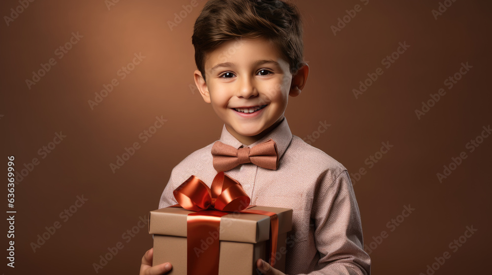 Happy smiling boy holding gift box on a colored background Happy smiling boy holding gift box on a colored background