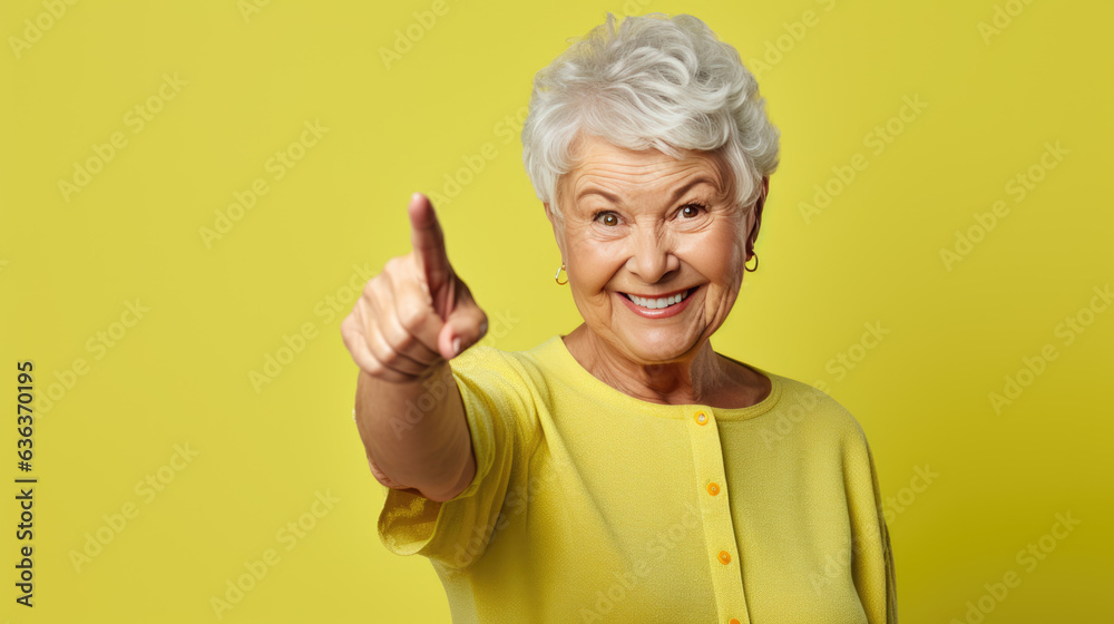 Senior woman wearing casual clothes pointing with hand and finger to the side looking at the camera. Senior woman wearing casual clothes pointing with hand and finger to the side looking at the camera.
