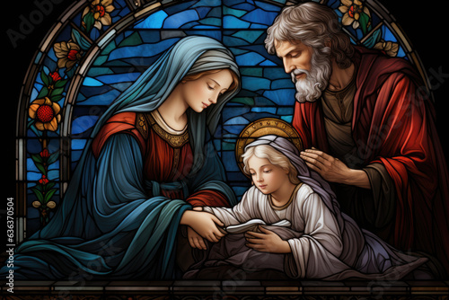 Ethereal Illumination: Capturing Baby Jesus, Mary, and Joseph in Stained Glass Artistry