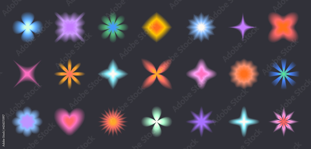 Vector set of blurred gradient shapes in 90s style.Abstract blurry icons or symbols in y2k aesthetic.Aura design elements for banners,social media marketing,branding,packaging,covers Vector set of blurred gradient shapes in 90s style.Abstract blurry icons or symbols in y2k aesthetic.Aura design elements for banners,social media marketing,branding,packaging,covers