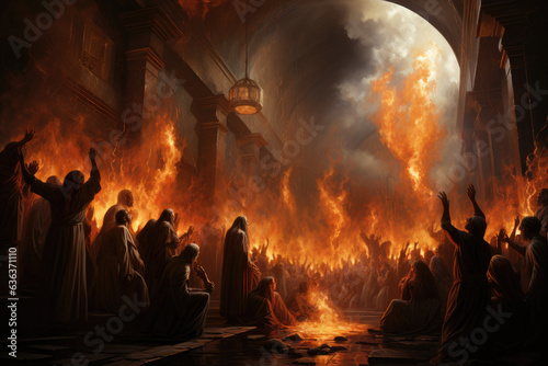 Divine Encounter: The Upper Room Filled with Disciples and the Descent of Fire Upon Them, a Painting of Bible Stories