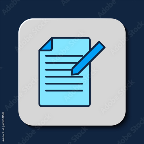 Filled outline Document and pen icon isolated on blue background. File icon. Checklist icon. Business concept. Vector