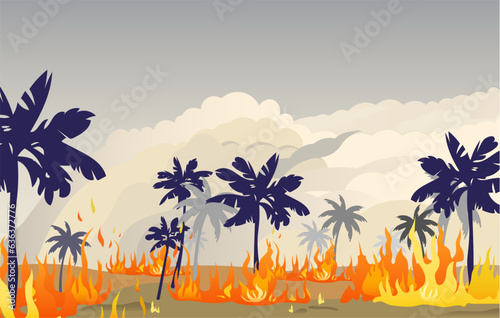 Fire in the jungle in Hawaii. Hawaii fire. Palm. Fire. Forest fire. Vector illustration