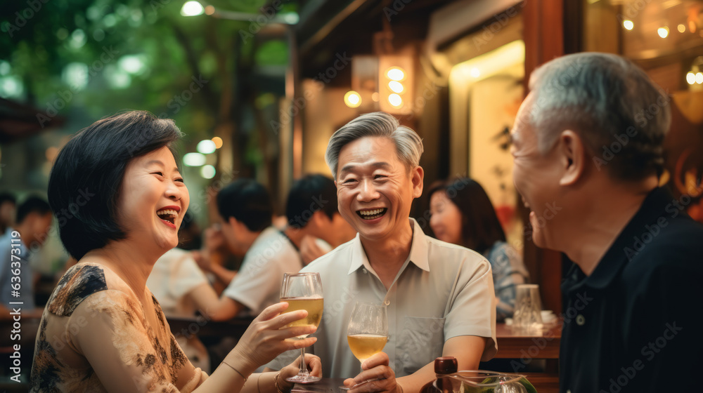 Asian adults laughing and drinking having fun at a party in a bar