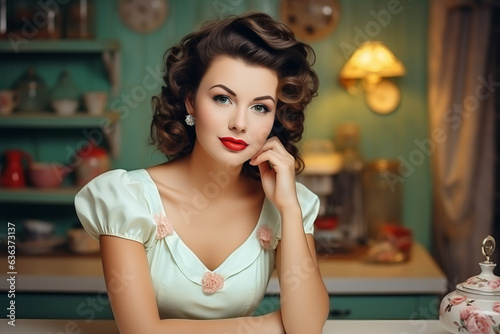 Portrait of an attractive housewife at the kitchen. 50s retro life style
