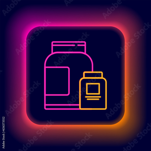 Glowing neon line Sports nutrition bodybuilding proteine power drink and food icon isolated on black background. Colorful outline concept. Vector