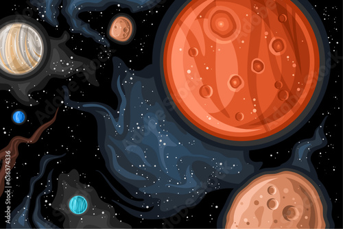Vector Fantasy Space Chart, astronomical horizontal poster with cartoon design Mars planet and orbiting satellites in deep space, decorative colorful cosmo print with black starry space background