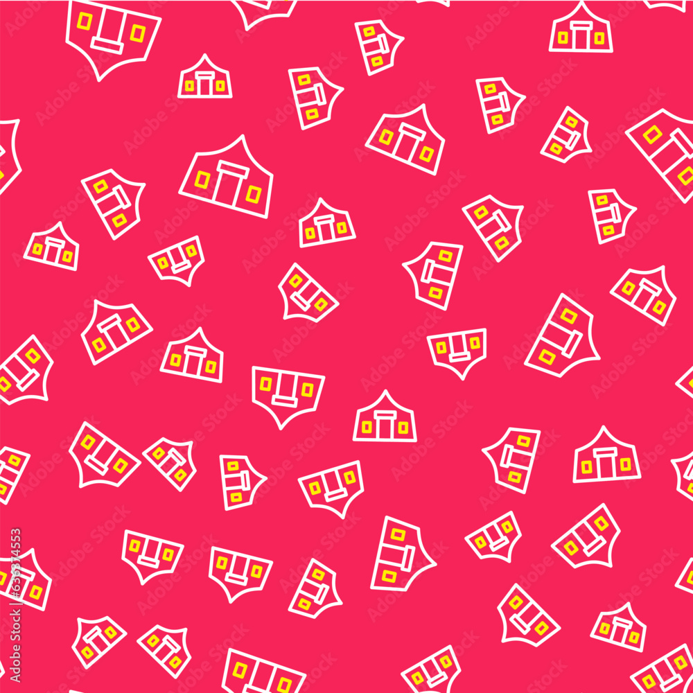 Line Tourist tent icon isolated seamless pattern on red background. Camping symbol. Vector