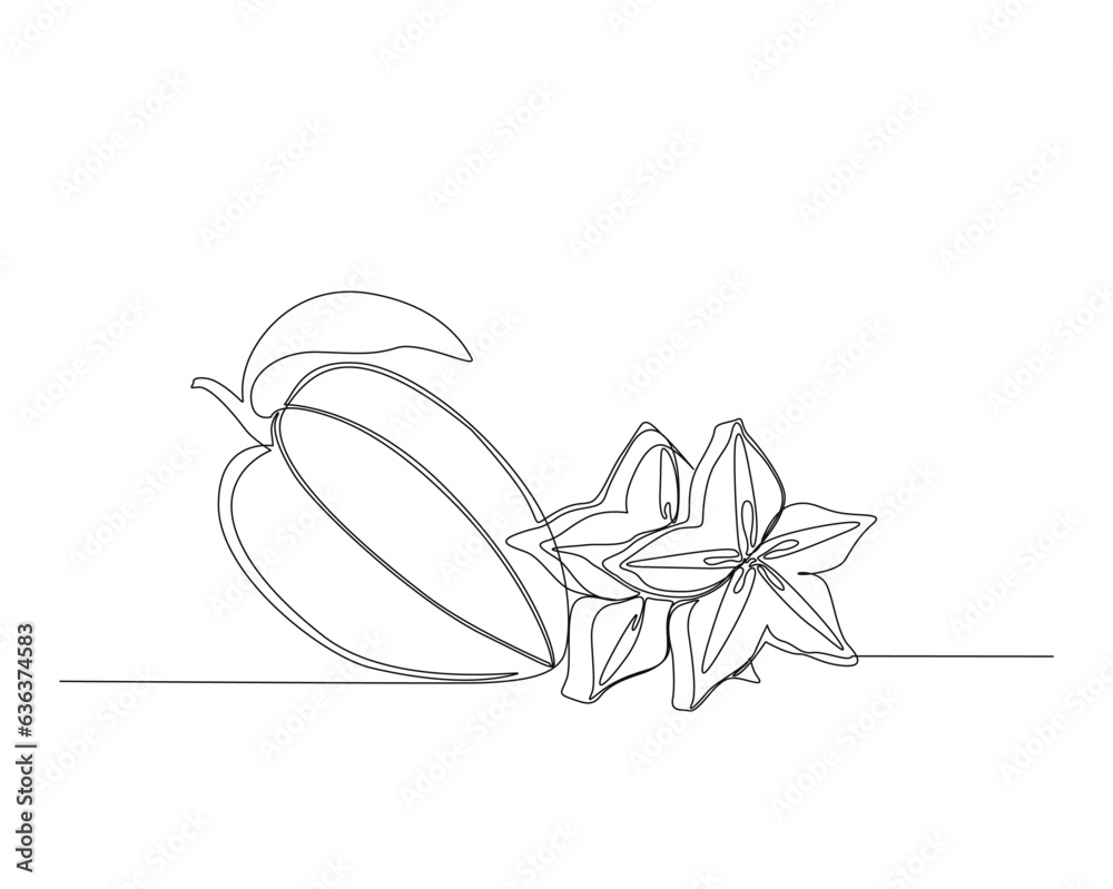 Continuous one line drawing of carambola or star fruit. A whole and
