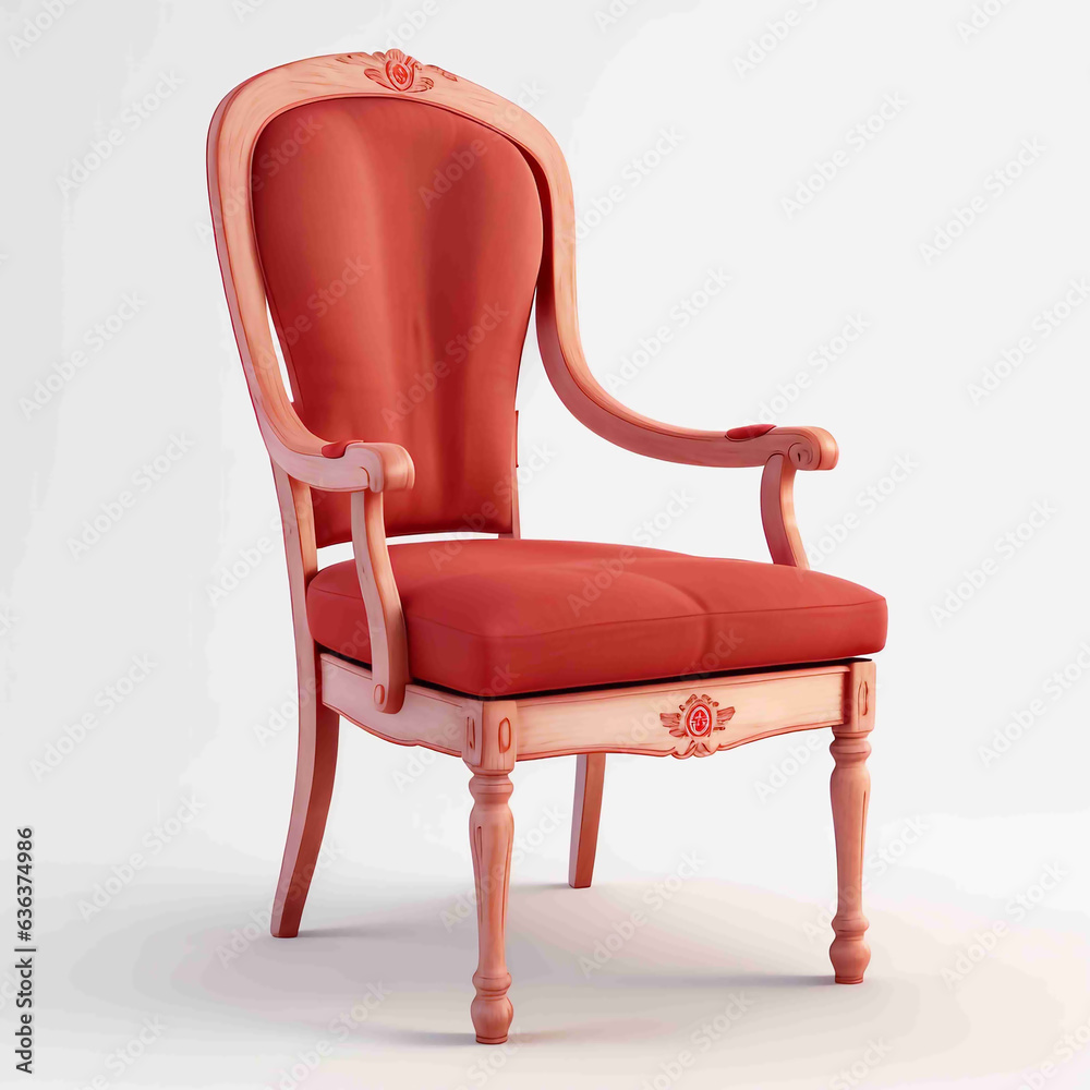 Naklejka premium 3D image of chair, with red fabric, antiqued wood body and white floor, image isolated