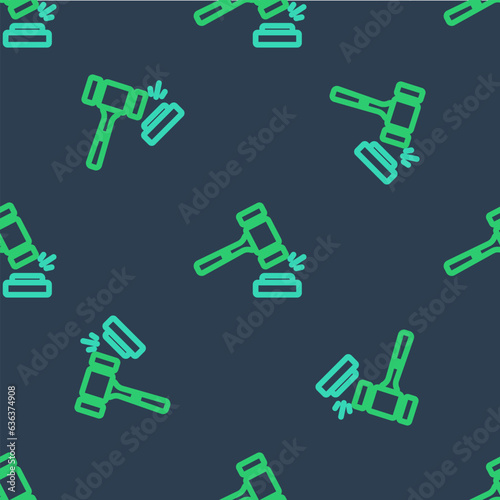 Line Auction hammer icon isolated seamless pattern on blue background. Gavel - hammer of judge or auctioneer. Bidding process, deal done. Auction bidding. Vector