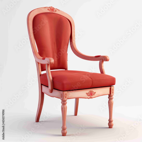 3D image of chair, with red fabric, antiqued wood body and white floor, image isolated