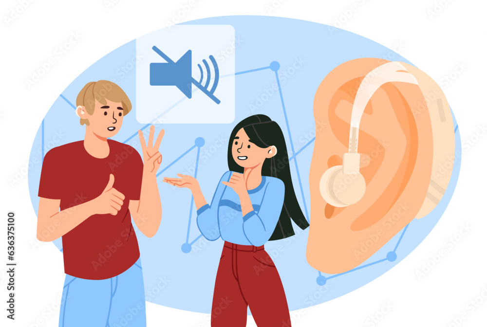 Deaf mute people concept. Man and woman communicate with women. Young