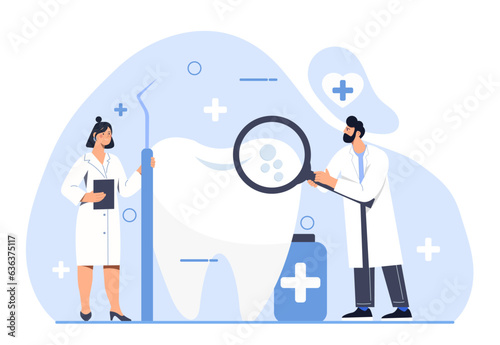 Team of dentists concept. Man and woman in medical gowns with tooth. Oral hygiene and health care. Dentists equipment and magnifying glass. Cartoon flat vector illustration