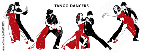 Couples dancing tango set. Vector cliparts isolated on white.