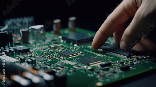 A Male Electronics Factory Worker Assembling Smartphones with Screwdriver. High Tech Factory Facility with more Employees in the Background. Generative Ai