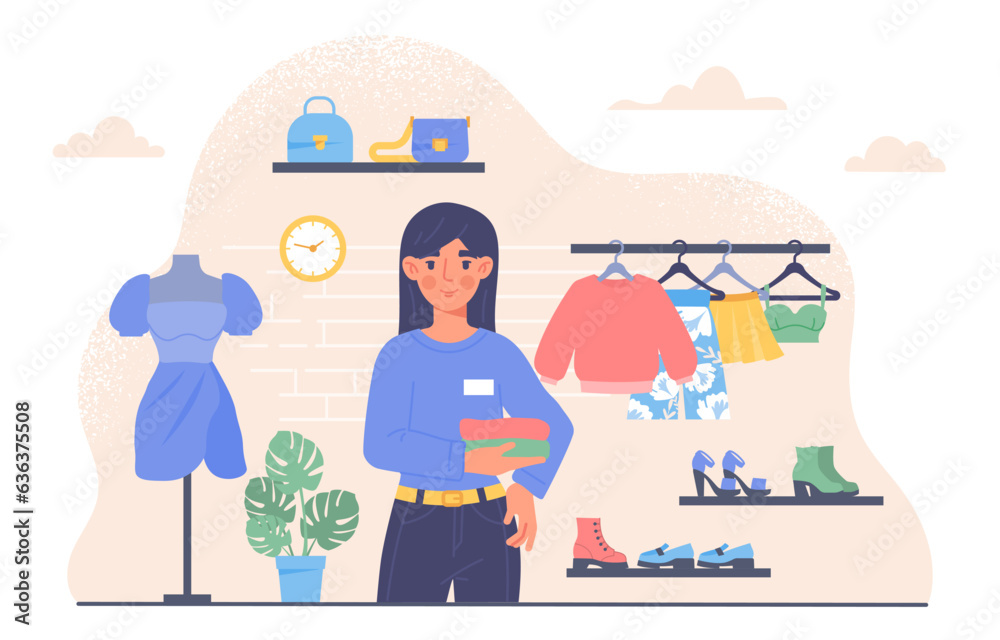 Woman in fashion store concept. Young girl with clothes on background of shoes. Trend and style. Seller in mall and store. Aesthetics and elegance. Cartoon flat vector illustration Woman in fashion store concept. Young girl with clothes on background of shoes. Trend and style. Seller in mall and store. Aesthetics and elegance. Cartoon flat vector illustration