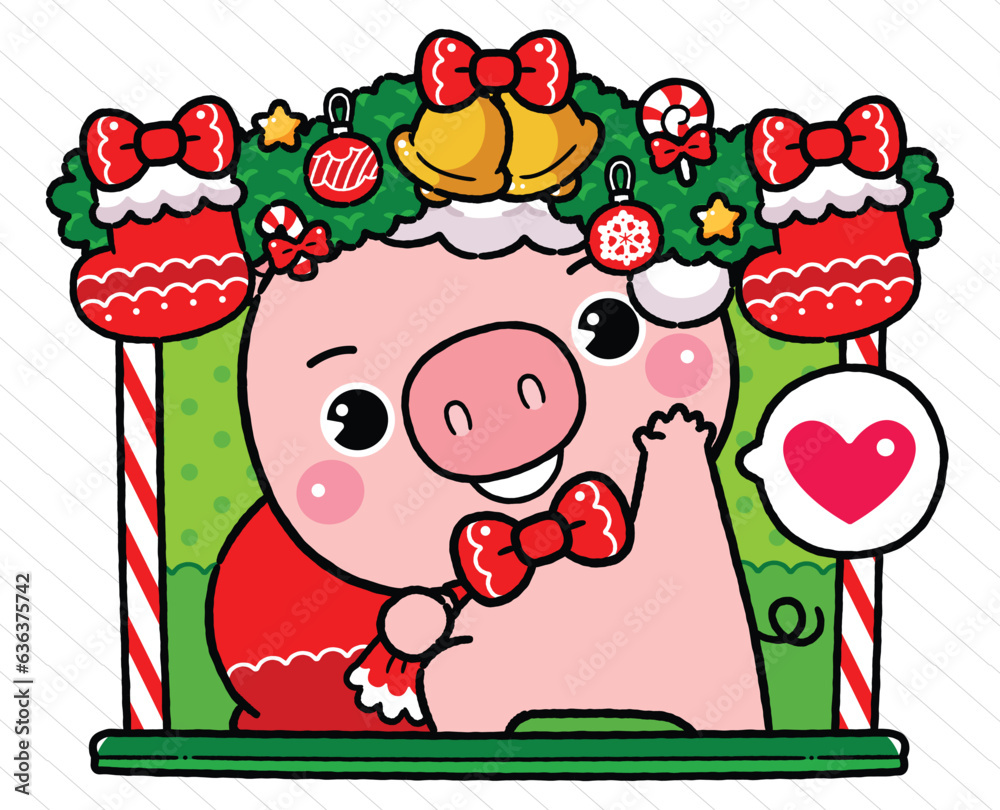 Fototapeta premium Cute Baby Pig in Santa Claus Costume, inside fireplace, holding gift bag. Merry Christmas Theme, Cartoon Kawaii Style