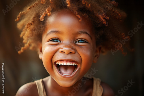 Portrait of happy laughing African boy in summer daytime closeup shot. Smiling kid face with curly hair