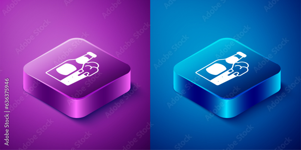 Isometric Beer bottle and glass icon isolated on blue and purple background. Alcohol Drink symbol. Square button. Vector Isometric Beer bottle and glass icon isolated on blue and purple background. Alcohol Drink symbol. Square button. Vector