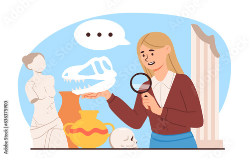 Woman with fossilization concept. Young girl with bones and skull, statue and pottery. Scientist and archaeologist explores fossils. Museum and exhibition. Cartoon flat vector illustration