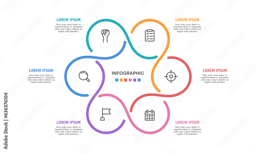 Workflow lines infographic. The pie chart is divided into 6 parts. Vector illustration. - obrazy, fototapety, plakaty 
