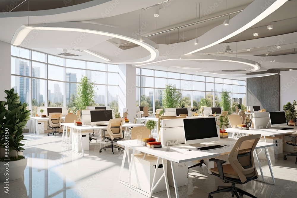 Stylish and functional modern office with natural lighting and contemporary design elements. Generative AI