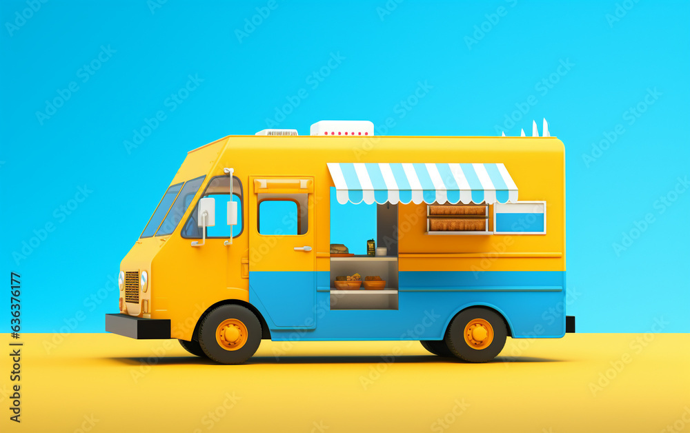 Yellow fast food truck on warm blue background, ready for text, with defined clipping path.
