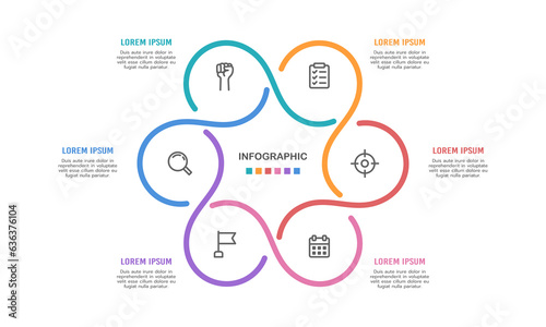 Workflow lines infographic. The pie chart is divided into 6 parts. Vector illustration.