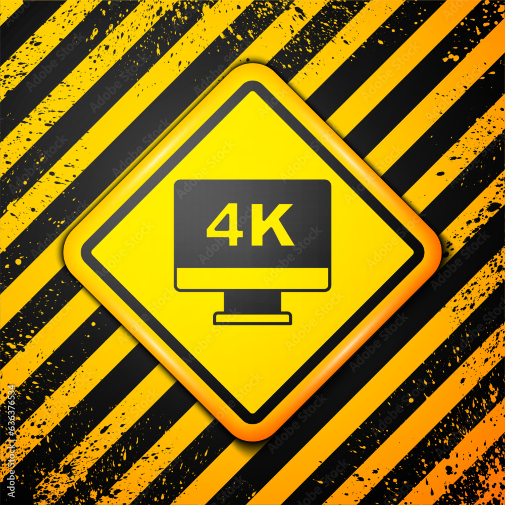 Black Screen tv with 4k Ultra HD video technology icon isolated on yellow background. Warning sign. Vector Black Screen tv with 4k Ultra HD video technology icon isolated on yellow background. Warning sign. Vector
