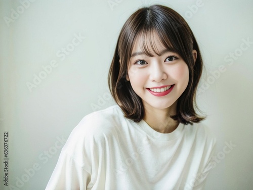 Portrait of a Beautiful young Asian Japanese Girl 19-25 years old in white t-shirt , looks at the camera on White Background. generative AI