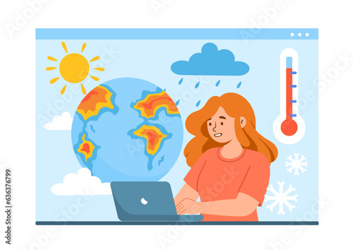 Meteorologist girl with laptop concept. Young woman with globe and temperature. Rain, snow and sun. Character near thermometer. Studying and researching. Cartoon flat vector illustration