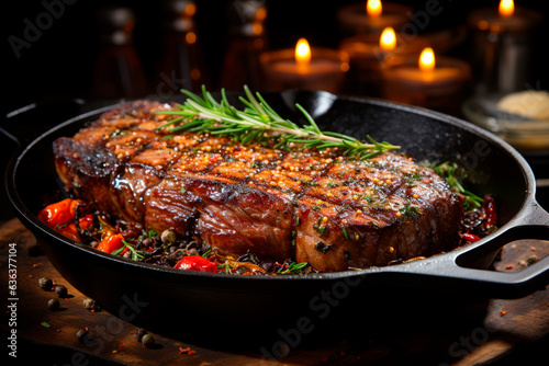 beef steak in a pan with rosemary