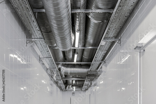 New installation of steel air conditioning duct pipes and  lighted dumps, installation of ventilation ducts during the renovation of building. Commercial cafe, restaurant, industrial space.