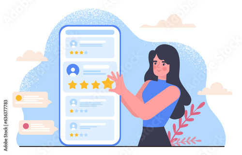 Woman with positive feedback concept. Young girl with review and stars. Marketing on internet and electronic commerce. Template, layout and mock up. Cartoon flat vector illustration