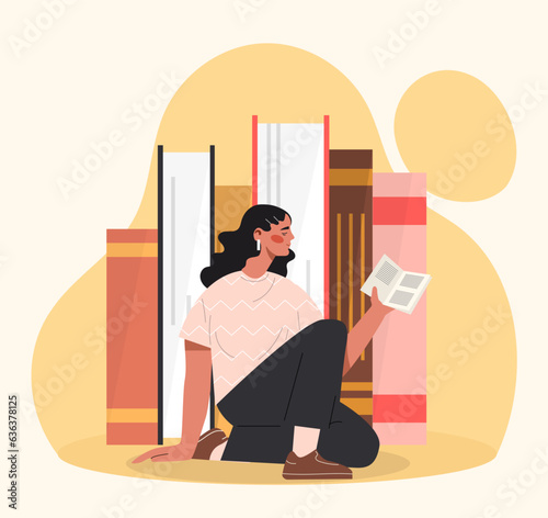 Woman reading books concept. Love for reading and literature. Education, learning and training. Knowledge and information. Student doing homework. Cartoon flat vector illustration