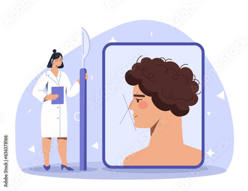 Woman with rhinoplasty concept. Young girl in medical gown with scalpel. Doctor corrects appearance of patient, plastic surgeon. Beauty and aesthetics. Cartoon flat vector illustration